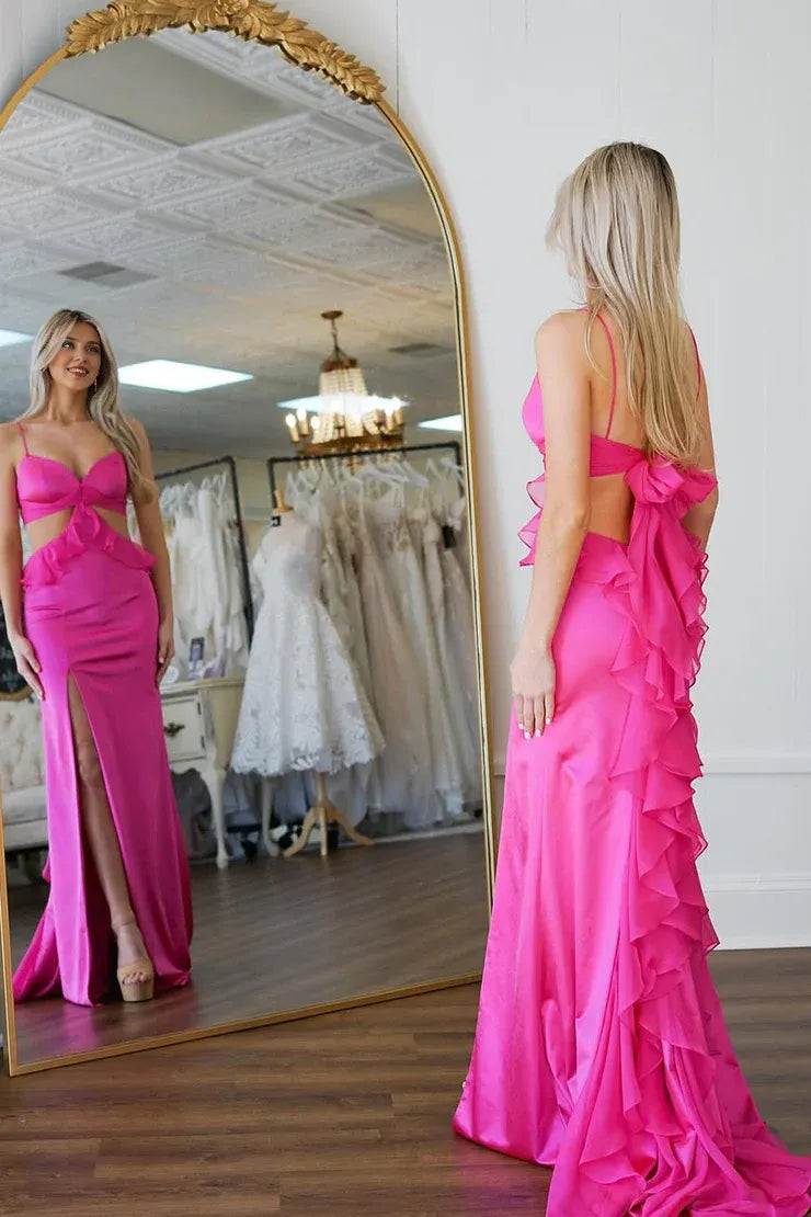 Robe de bal sirène en satin fuchsia à volants et bretelles spaghetti avec fente